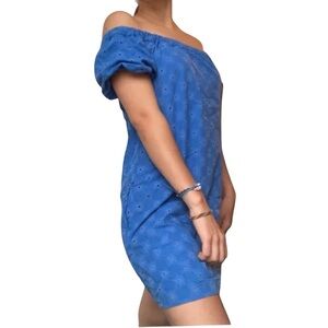 NWOT Zara Blue Eyelet Off Shoulder Puff Sleeve Mini Dress Sz M